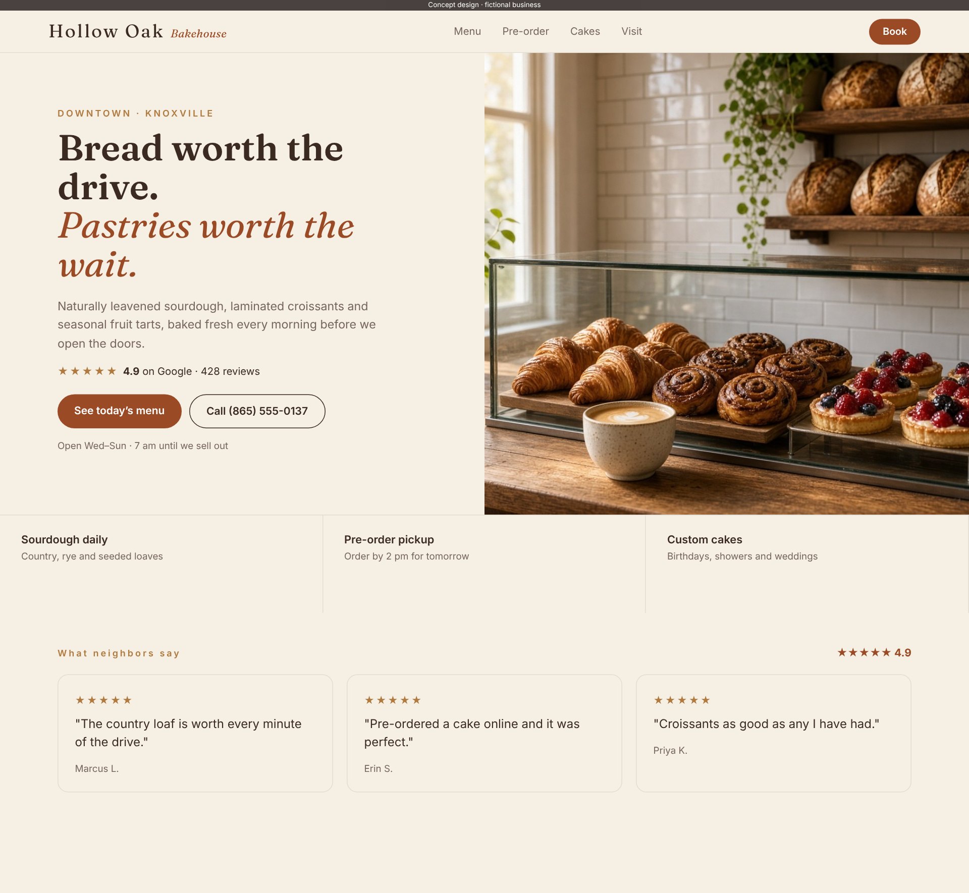 Concept site for Hollow Oak Bakehouse, a fictional business