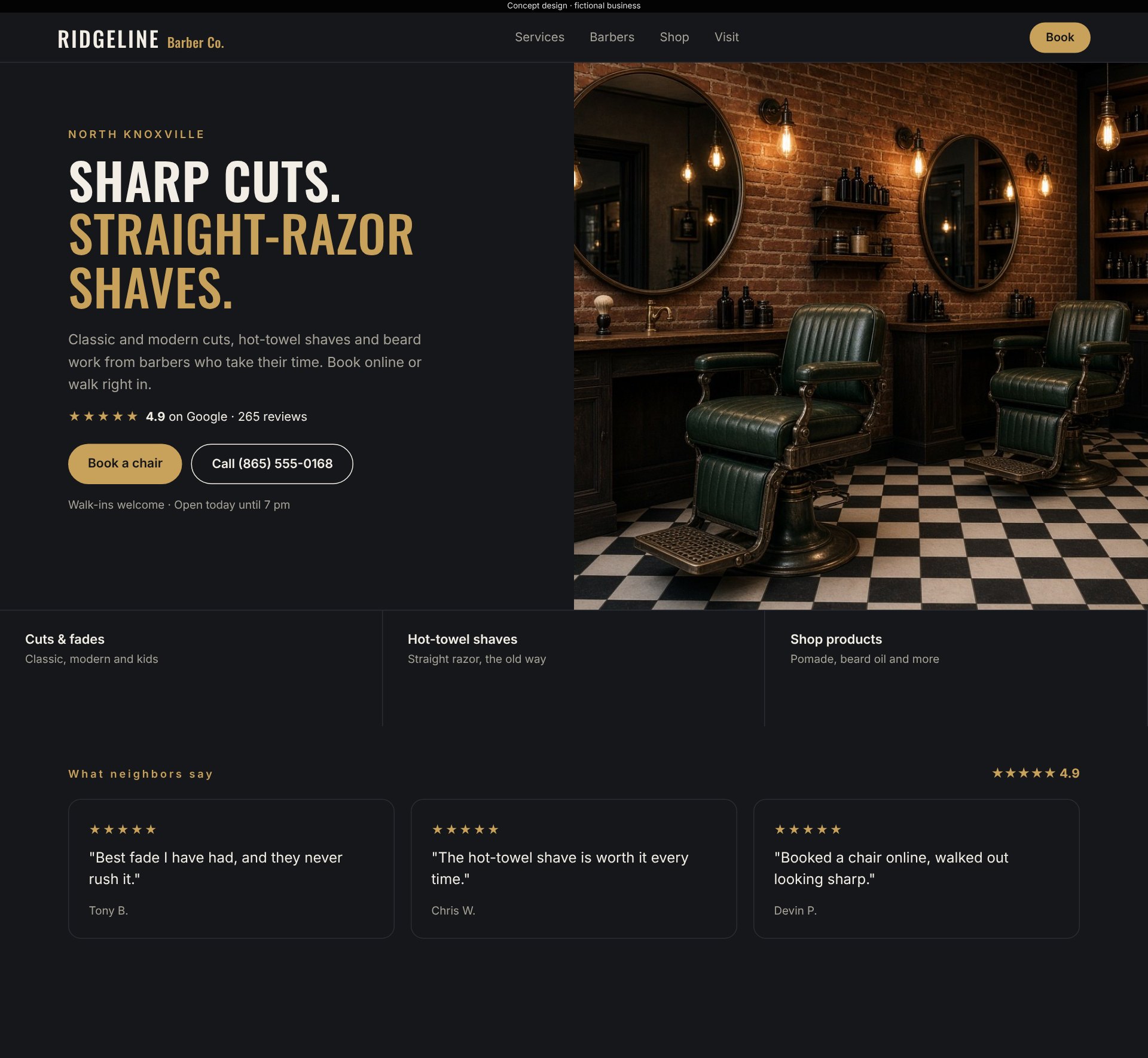 Concept site for Ridgeline Barber Co., a fictional business
