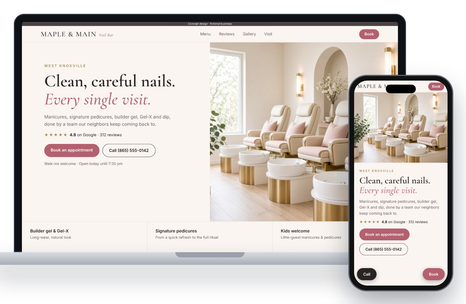Example website for a fictional nail bar shown on a laptop and a phone